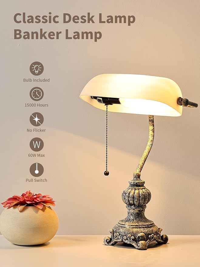 Newrays Retro White Matted Glass Bankers Desk Lamp for Home Office,Library with Pull Chain Switch Plug in Fixture, LED Bulb Included
