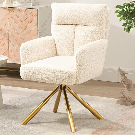 Teddy Office Desk Chair No Wheels, Modern Vanity Chair with Gold Legs, Boucle Accent Chair, Wide Seat Computer Task Reading Armchair for Home Office (Beige)