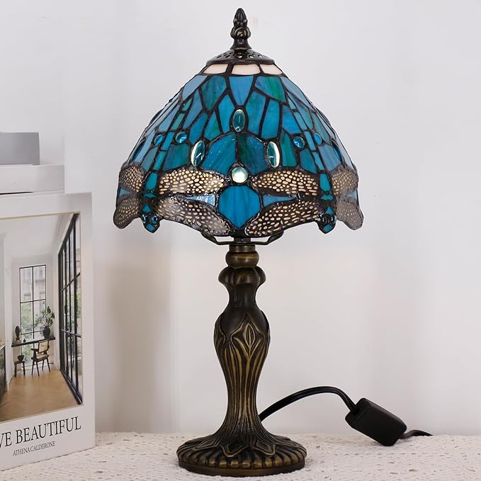 Small Tiffany Lamp Stained Glass Table Lamp Mini Desk Accent Light for Bedroom Bedside Reading Home Antique Style Decor 8X15 Inches (Green Dragonfly)