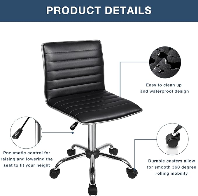 BOSSIN Adjustable Home Office Chair, Mid-Back Armless Ribbed Swivel Task Chair,Vanity Chair for Small Space, Living Room, Make-up, Studying (Black)