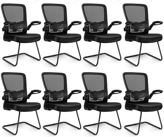 CLATINA Office Guest Chair no Wheels, Ergonomic Mesh Desk Chair Adjustable Lumbar Support and Flip Up Arms, Sled Base for Office Guest & Reception Chairs for Conference Room,Black (8PK)