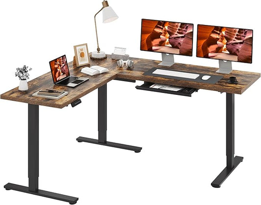 L-Shaped Standing Desk, 71 x 63 Inches Height Adjustable Desk with Storage, Sit and Stand up Desks Ergonomic Rising Computer Table for Home Office with Splice Board, Rustic Brown