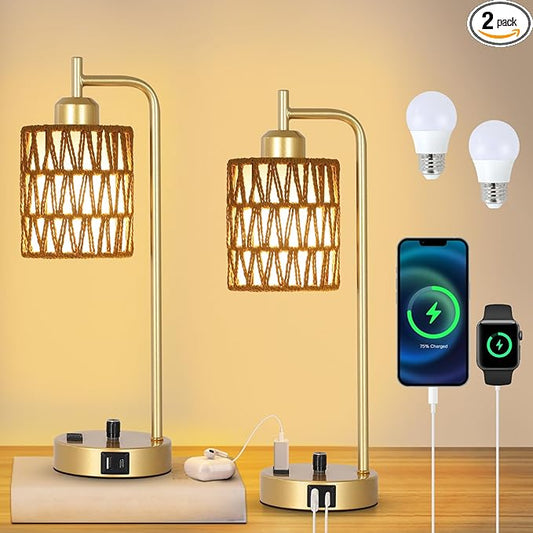 Gold Lamp for Bedroom, Boho Rattan Table Lamps Set of 2 with LED Bulbs, Bedside Lamps for Night Stands with Wicker Shade, USB Port and Outlet, Modern Side Desk Lamp for Living Room Office