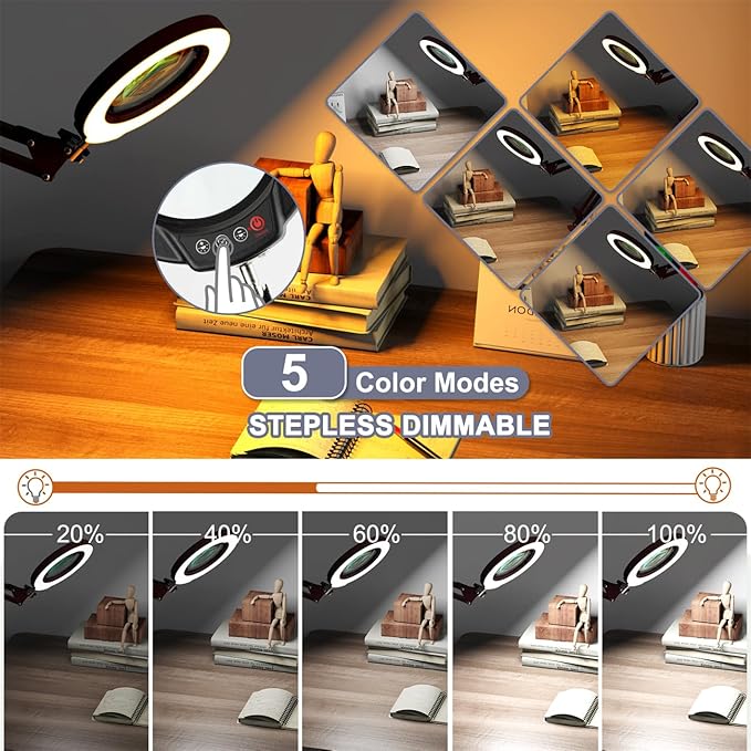 10X Magnifying Glass with Light and Stand, Upgrade Button 5 Color Modes Stepless Dimmable, 2-in-1 LED Lighted Magnifier Light, Hands Free Desk Lamp with Clamp for Craft Hobby Close Work - Red