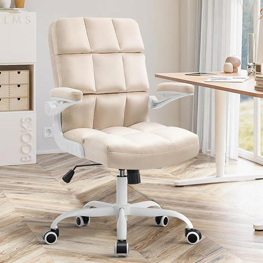 SEATZONE Home Office Chair–Beige Velvet Desk Chair with Wheels, Comfortable Computer Work Chair with Flip-up Arms and Adjustable Tilt