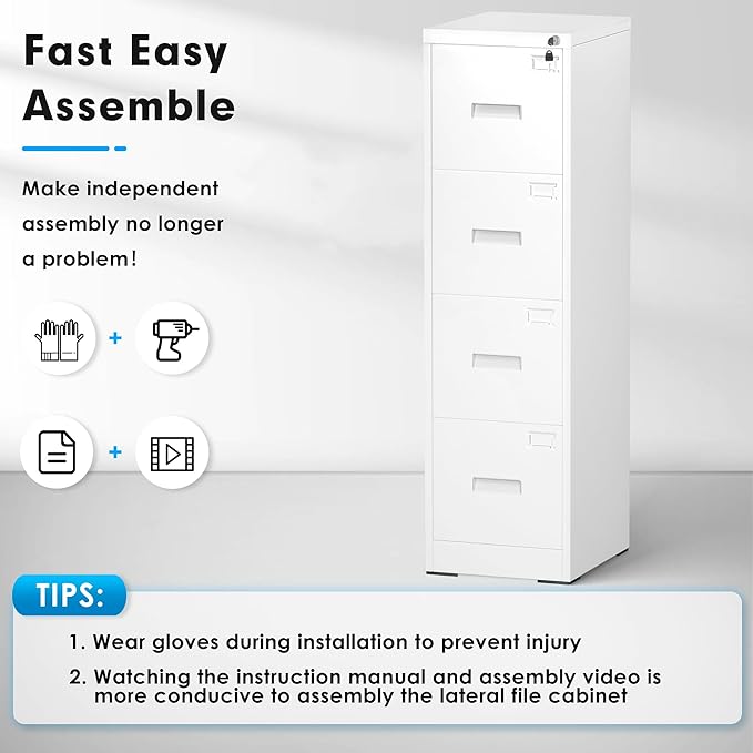 Greenvelly 18" D File Cabinet, 4 Drawer Vertical File Cabinet with Lock, Locking Filing Cabinet for Home Office, White Metal File Cabinet for Hanging Letter/Legal Folders, Easy Assemble
