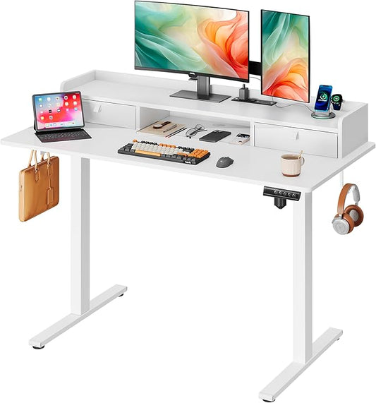 DEVAISE 48×24 Inch Electric Standing Desk with Drawers, Computer Desk with 3 Adjustable Height, Storage Shelf, Built-in AC & USB Outlets and Memory Preset, Sit to Stand Desk for Home Office, White