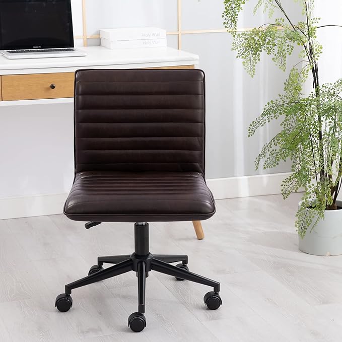 Furnimart Modern Armless Office Desk Task Chair - Upholstered Mid-Back Home Office Chair with 360 Degree Swivel and Adjustable Height - Leather (Black/Brown)
