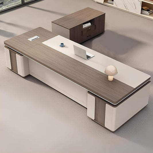 Modern Executive Desk, L Shaped Executive Office Desk with Drawers, Manufactured Wood Computer with Storage Aluminum Alloy Inlaid Curved Surface, Management Working Table (B - Right, L 220cm/86.6in)