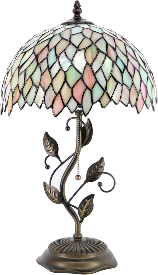 Tiffany Table Lamp, Stained Glass Style Desk Lamp, 12X12X19 Inch,Bedside Reading Light, Metal Leaf Base (Seven Color Wisteria)