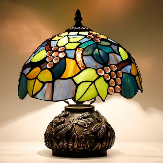 Small Tiffany Table Lamp Amber Grapes Style Glass Desk Lamp 10X11.5 Inch Mushroom Table Light for Office Home Living Room Bedroom