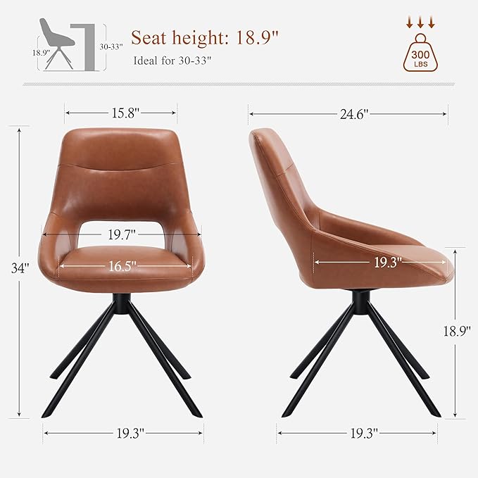 Mid Century Modern Desk Chair No Wheels Set of 1, Faux Leather Swivel Dining Chair with Metal Legs, Swivel Accent Chair Armchair for Small Spaces, Home Office, Living Room, Bedroom, Browm