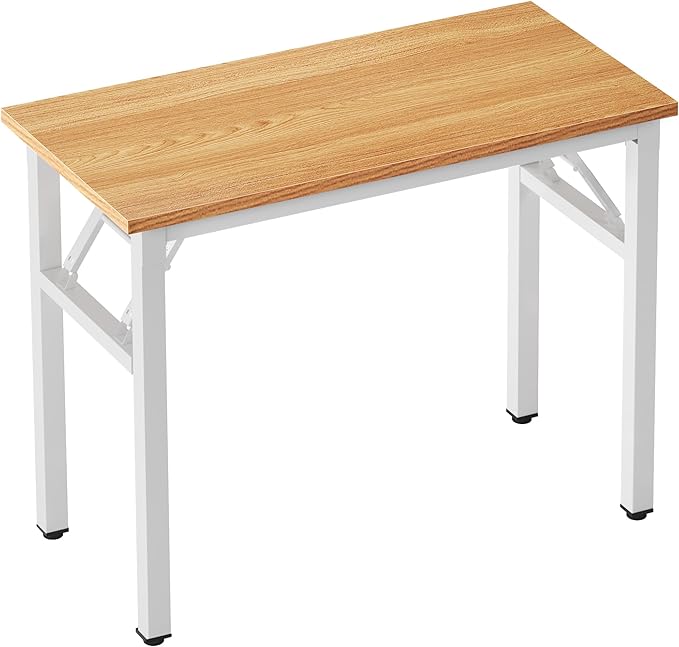 sogesfurniture Small Computer Desk 31.5 inches Folding Table No Assembly Sturdy Writing Desk Folding Desk for Small Spaces, Teak Color Desktop and Black Steel Frame, Teak & White