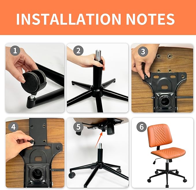 Armless Orange Home Office Chair – Mid-Back PU Leather, Adjustable Height Desk Chair with Swivel Wheels, Walnut Frame for Small Space Study or Bedroom