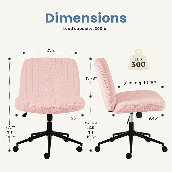 DUMOS Criss Cross Chair with Wheels, Legged Office Armless Wide Desk Seat with Dual-Purpose Base, Adjustable Swivel Teddy Fabric Task Vanity Home Bedroom, Pink
