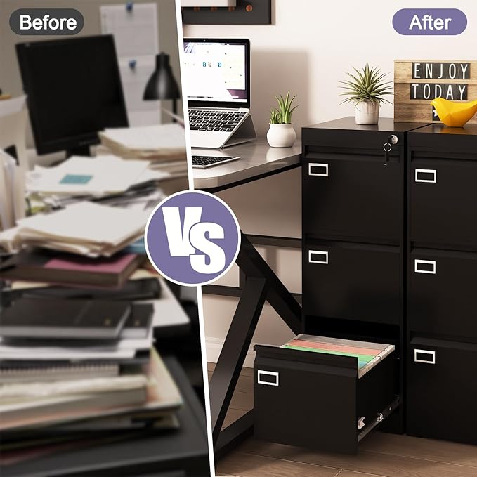 3 Drawer Metal File Cabinet with Lock, Small Locking Filing Cabinets, Vertical File Cabinet with Key, Black Under Desk Filing Cabinets for Home Office