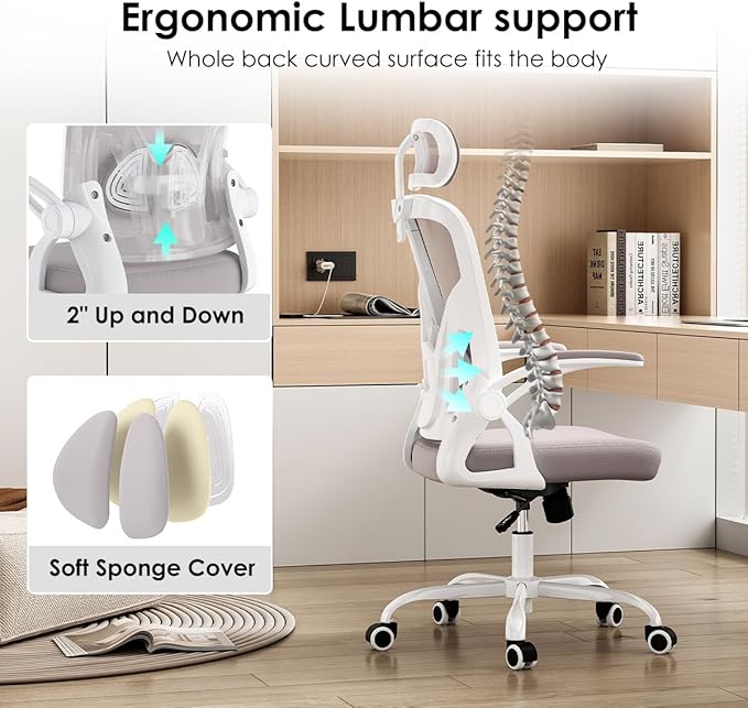 Farini Ergonomic Office Chair, Home Office Desk Chair with Headrest, High Back Computer Chair with Armrests and Adjustable Lumbar Support for Home Office Study Room, White & Gray