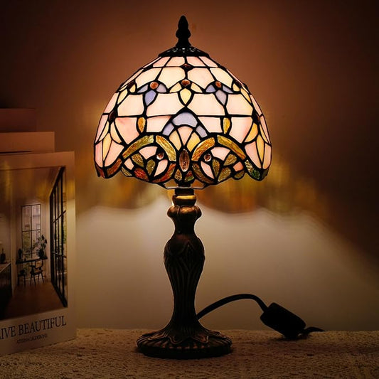 Small Tiffany Lamp Stained Glass Table Lamp Mini Desk Accent Light for Bedroom Bedside Reading Home Antique Style Decor 8X15 Inches (Pink Baroque)