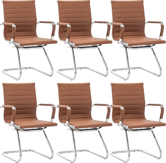Wahson Office Guest Chairs Set of 6, Leather Reception Chairs, Mid Back Waiting Room Chair, Conference Chairs with Sled Base, Desk Chair No Wheels for Meeting/Lobby/Restroom, Coffee
