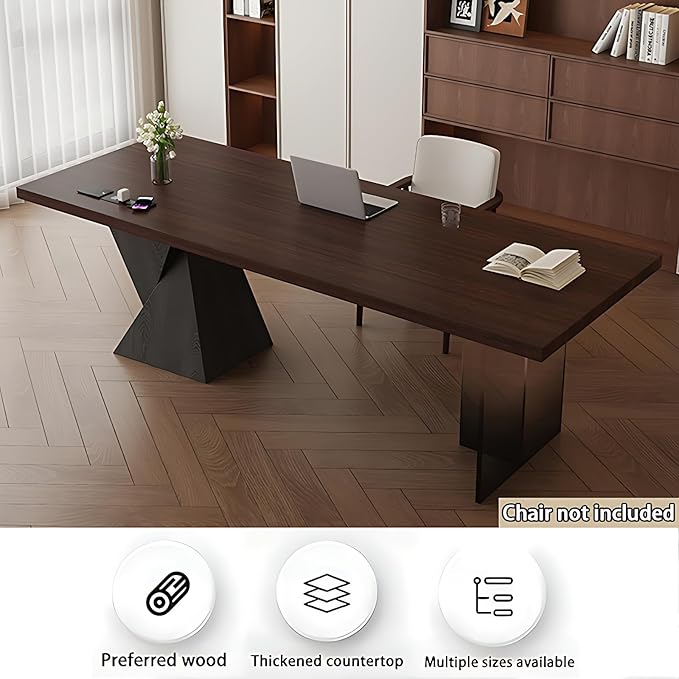 Modern Home Office Desk - Novel Design Office Table with Multifunctional Socket, Solid Wood Executive Desk with Spacious Desktop ＆ Personalized Table Legs (Black, 68IN)