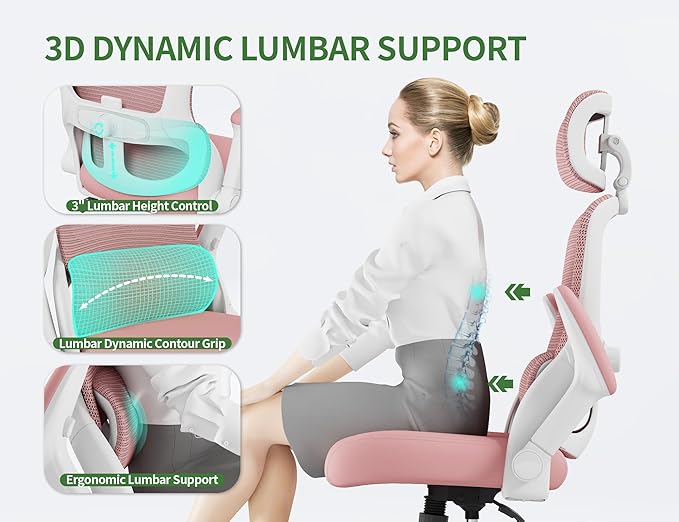 Office Chair Ergonomic Desk Chair, 4000 LBS Home Mesh Office Desk Chairs with Wheels, Computer Chair, Comfortable Gaming Chair with 3D Headrest, High Back Office Chair for Long Hours (Pink)