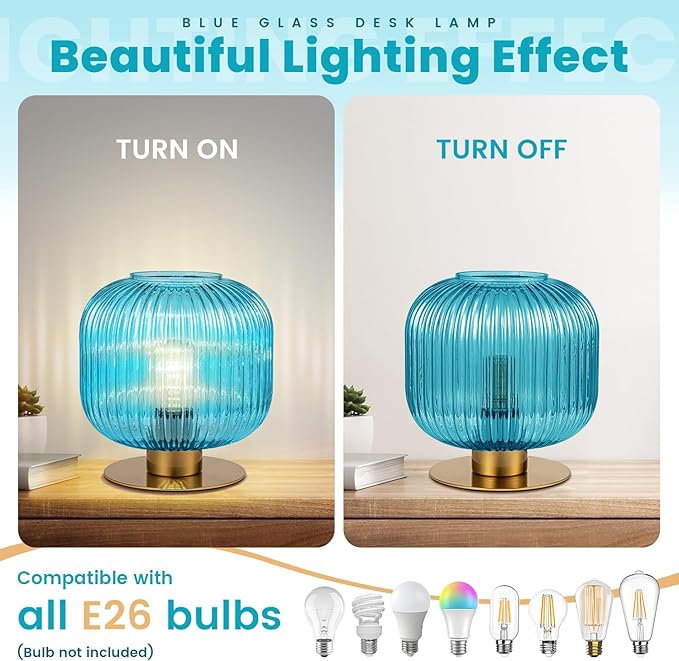 Side Table Lamp for Living Room, Coastal Table Lamps Blue Desk Lamp with Ribbed Glass Globe, Mid Century Modern Gold Bedside Lamp Bedroom Small Nightstand Lamp End Table Lamp
