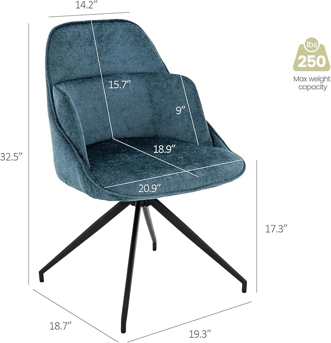 Mid-Century Modern Swivel Accent Chair, Upholstered Armless Desk Chair, No-Wheel Vanity Chair with Metal Legs for Home Office & Bedroom (Blue)