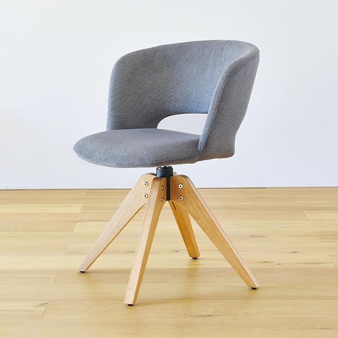 Mid Century Modern Swivel Accent Chair with Solid Wood Legs, Home Office Desk Chair No Wheels, Makeup Chair for Vanity, Upholstered Chair for Bedroom, Grey