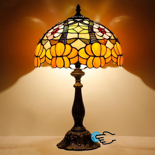 Tiffany Lamp Touch Control Table Lamp Orange Flower Style Stained Glass Desk Lamp 12X12X19 Inches Reading Light