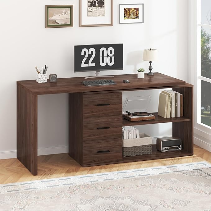 HSH 360 Rotating L Shaped Desk with Drawers, Walnut L Shape Computer Desk with Storage Cabinet Shelves, Rustic Home Office Desk for Executive Writing Study Work, Swivel Desk Wood Table, 55 Inch