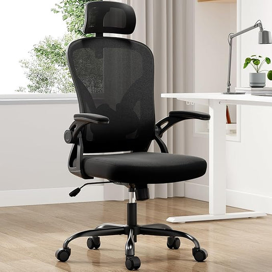 Farini Ergonomic Office Chair, Home Office Desk Chair with Headrest, High Back Computer Chair with Armrests and Adjustable Lumbar Support for Home Office Study Room, Black & Dark Black