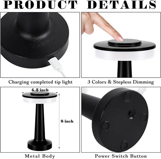Riakrum Set of 2 LED Portable Cordless Table Lamp with Touch Sensor 3 Color Stepless Dimming Rechargeable Battery up to 15 Hours Cordless Table Light Wireless Lamp for Nursery(Black,2 Pcs)