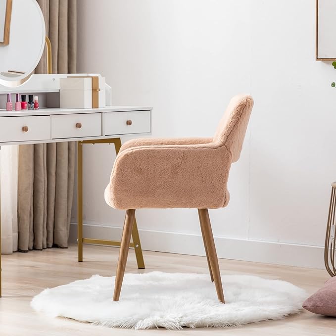 KCC Furry Desk Chair, Mid-Century Modern Accent Faux Fur Chair for Teen Girls, Comfy Armchair with Wood Look Metal Legs for Living Dining Room, Home Vanity Makeup Office Desk Chairs No Wheel, Camel