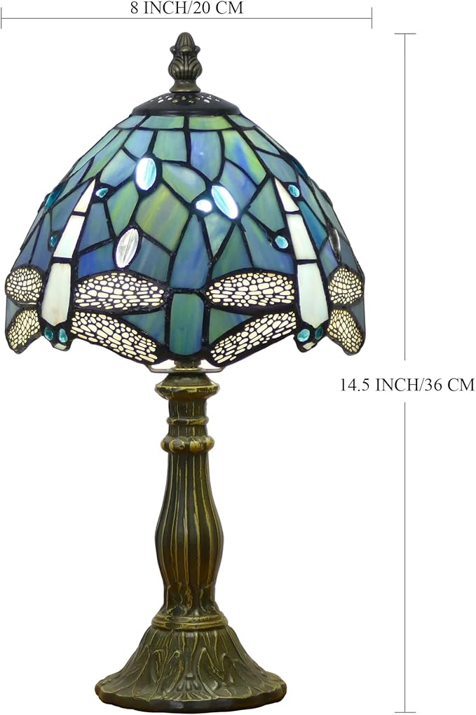 Small Tiffany Lamp Mini Stained Glass Table Lamp Bedside Accent Lamp Memory Sympathy 8X14.5 Inch (Sea Blue Dragonfly)