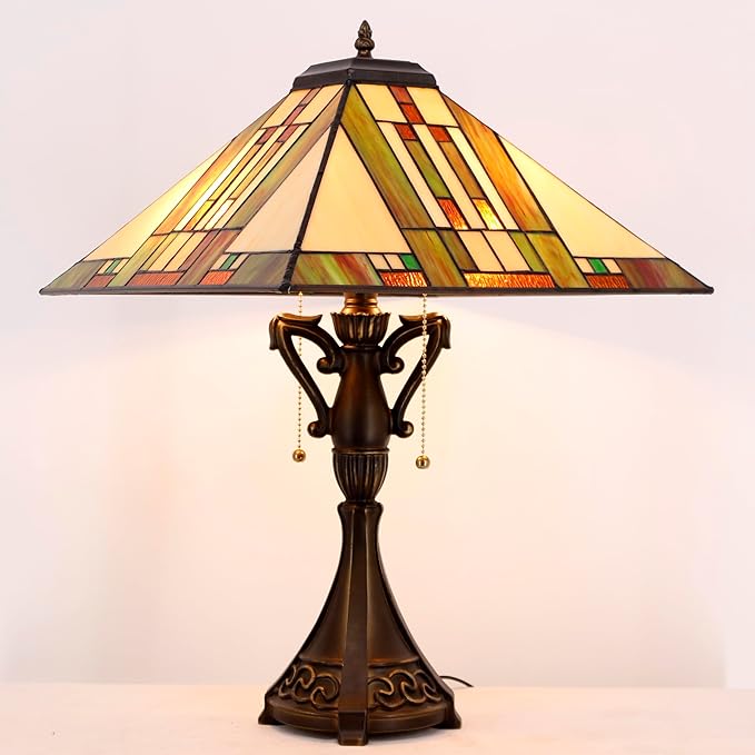 Tiffany Table Lamp Stained Glass Blue White Brown Square Mission Style Desk Reading Light 16X16X24 Inch for Bedroom Living Room Home Office