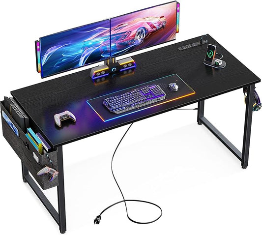 KKL Small Desk with Power Outlets and USB Port Computer Desk for Home Office Gaming Simple Modern Style Writing Desks with Storage Bag Headphone Hook, 48 inch, Black