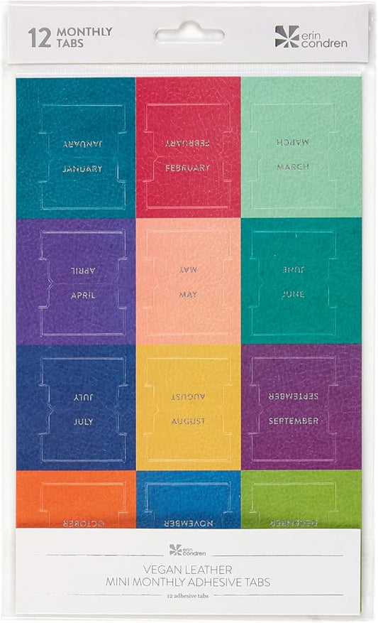 Vegan Leather Colorful + Metallic Foil Mini 12 Month Adhesive Tabs for Folders, Pages. Organize Your Files, Books and Agenda's with These Sticky January Through December File Tabs - Erin Condren