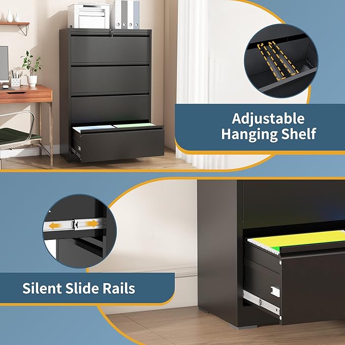 4 Drawer File Cabinet with Lock, Lateral Filing Cabinets,Metal Storage Filing Cabinets for Home Office, Heavy Duty File Cabinet for Letter/Legal/A4/F4 Size Amssebly Required, Black