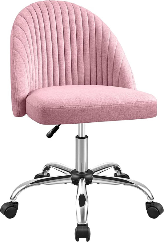 Furniwell Office Chair Armless Cute Desk Chair Modern Adjustable Swivel Padded Fabric Vanity Task Computer Chair Home Office Desk Chairs with Wheels (Pink)