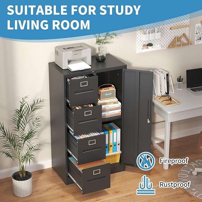 4 Drawer Metal File Cabinet with Lock and 1 Door, Steel Vertical Filing Cabinets for Home Office, Metal Storage Cabinet for Hanging Legal/Letter Size Files, Assembly Required (Black)