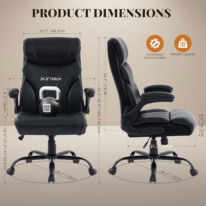 Leather Home Office Chair,500lbs Big and Tall Ergonomic Desk Chair,360°Swivel Free,100°-118°Recline,43"- 47" Height Adjustable,Silent 360° Casters for Home Office Computer Desk