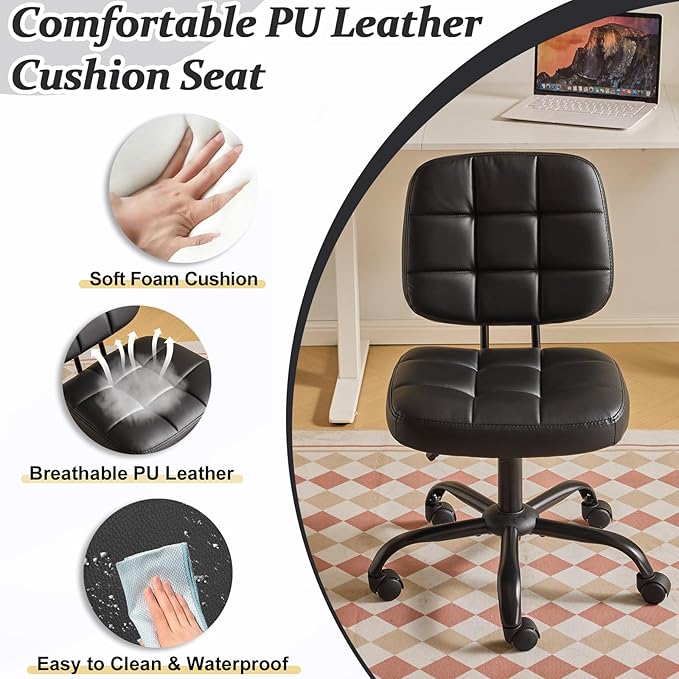 VINGLI Compact Small Desk Chair, Cute Armless Chair with Wheels, Vanity Chair with Low Back, Height Adjustable Task Chair for Small Spaces, Office, Bedroom, Make Up Room, PU Leather, Black
