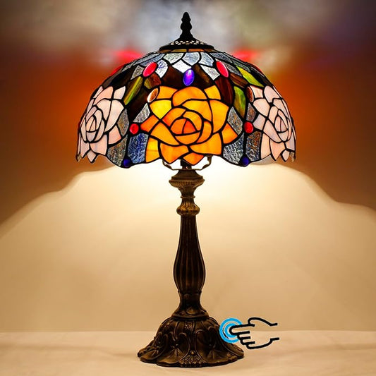 Tiffany Lamp Touch Control Table Lamp Orange Purple Stained Glass Desk Lamp 12X12X19 Inches Rose Flower Style Reading Light