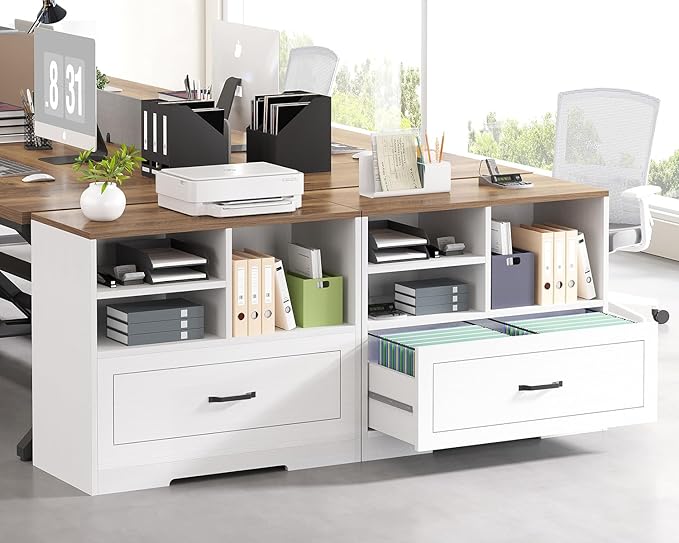 LVB Wood Lateral File Cabinet with Drawer, Wide Filing Cabinet for Letter/Legal/A4/F4 Size, Farmhouse Office Storage File Cabinet Printer Stand with Open Shelf in Home, 32.7 Inch, White and Rustic Oak