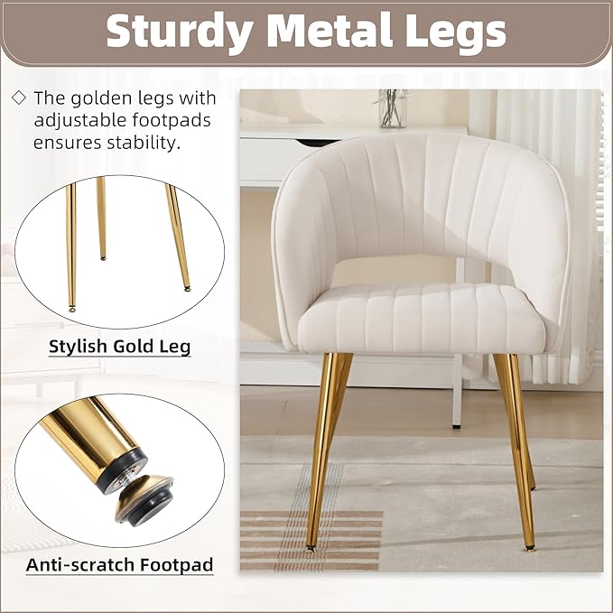ABET Desk Chair with No Wheels, Velvet Home Office Armchair Gold Legs, Upholstered Modern Accent Chairs, Side Chair for Living Room Bedroom Vanity, Off-White Cream