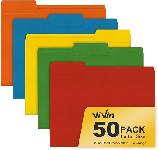 ViVin File Folder, 50 Pack Colored File Folders with 1/3-Cut Tabs, Fits 8.5 * 11 Letter Size Paper, Manilla Folders for Home Office School Documents(Assorted)