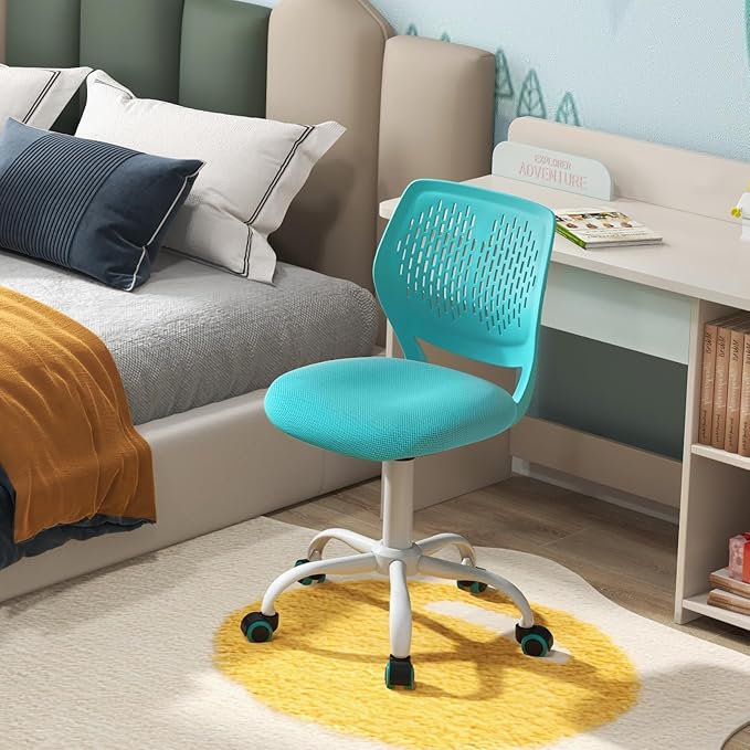 POWERSTONE Small Home Office Desk Chair, Swivel Rolling Study Computer Chair, Adjustable Height Task Chair with Armless Mid Back, Upholstered Mesh Seat,Turquoise