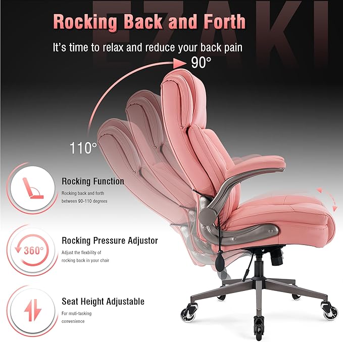 Large High Back Office Chair - Adjustable Lumbar Support Flip Up Arms Heavy Duty Quiet Wheels Metal Base Breathable Bonded Leather Ergonomic Executive Computer Desk Chair with Storage Bags, Pink