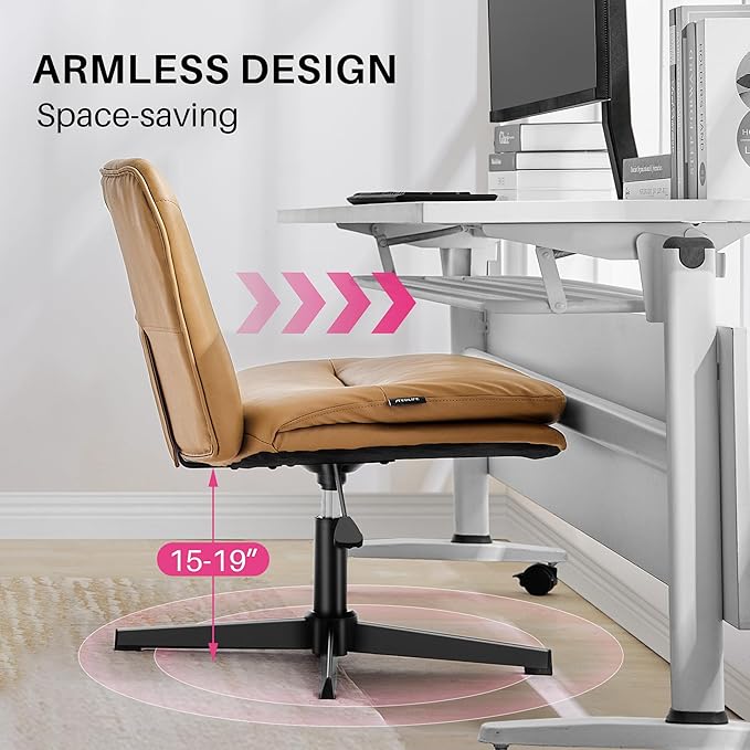Redlife Leather Swivel Desk Chair Cross Legged Office Chair Wide Accent Chairs Height Adjustable Criss Cross Chairs, Wrapped Double Cushion, for Living Room Bedroom Reading Room (Brown)
