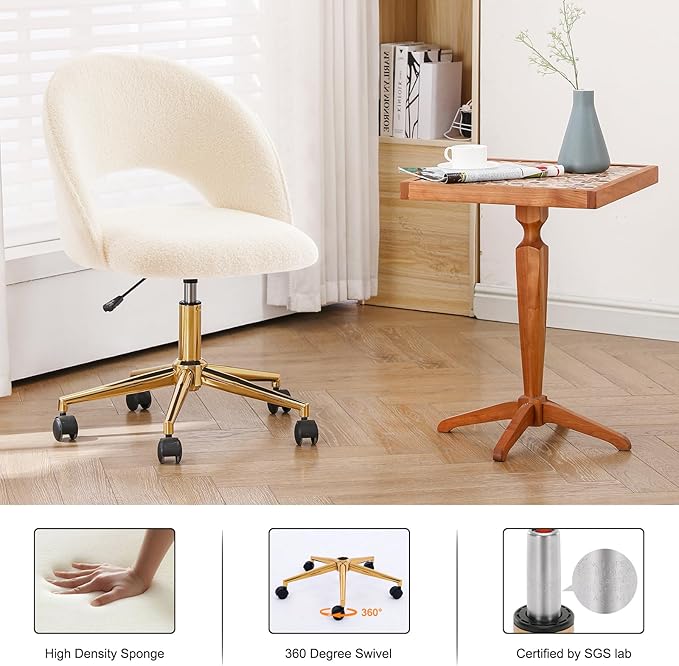 Furnimart Swivel Rolling Desk Chair, Adjustable Faux Fur Vanity Chair with Gold Legs, Cute Task Chair with Wheels for Living Room Bedroom Studying Small Places (Faux Fur White)